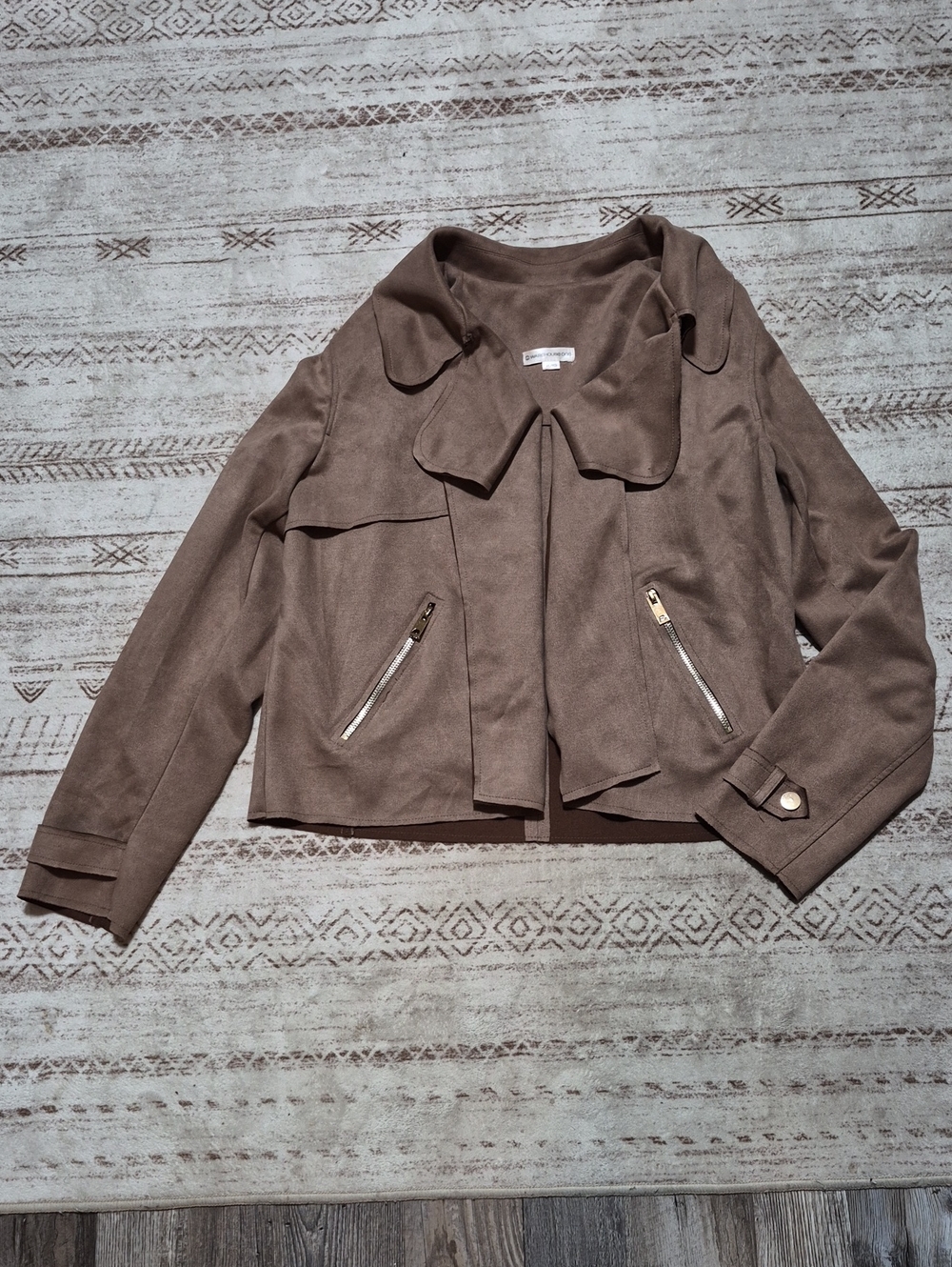 Cropped Taupe Faux-Suede Jacket with Gold Zipper Details